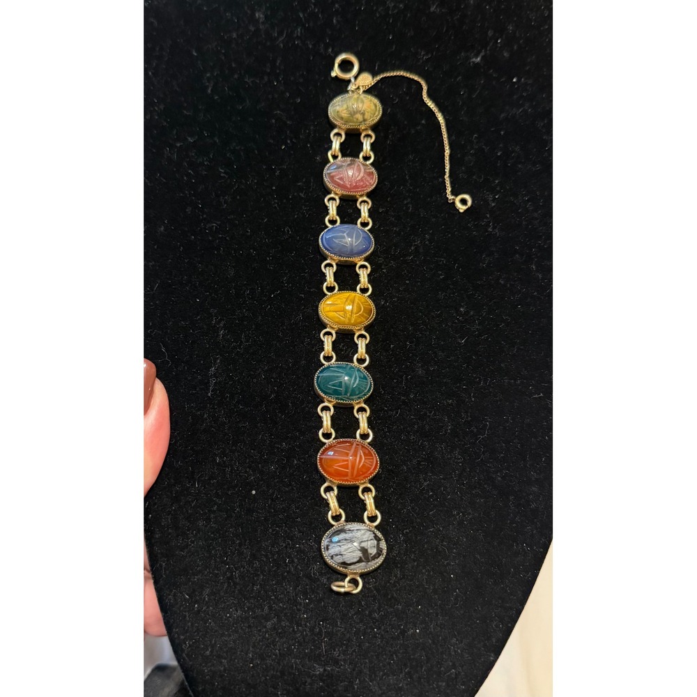Vintage Amco Scarab Bracelet 14k GF Semi Precious Stone